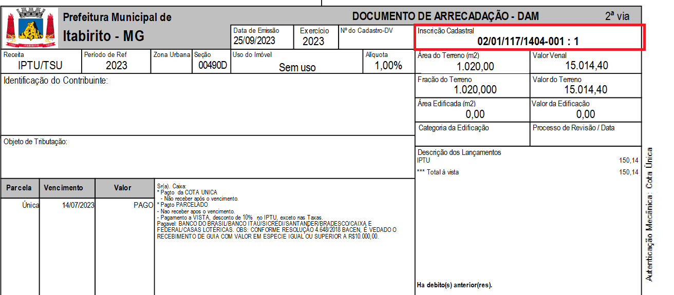 Guia de IPTU de Itabirito-MG